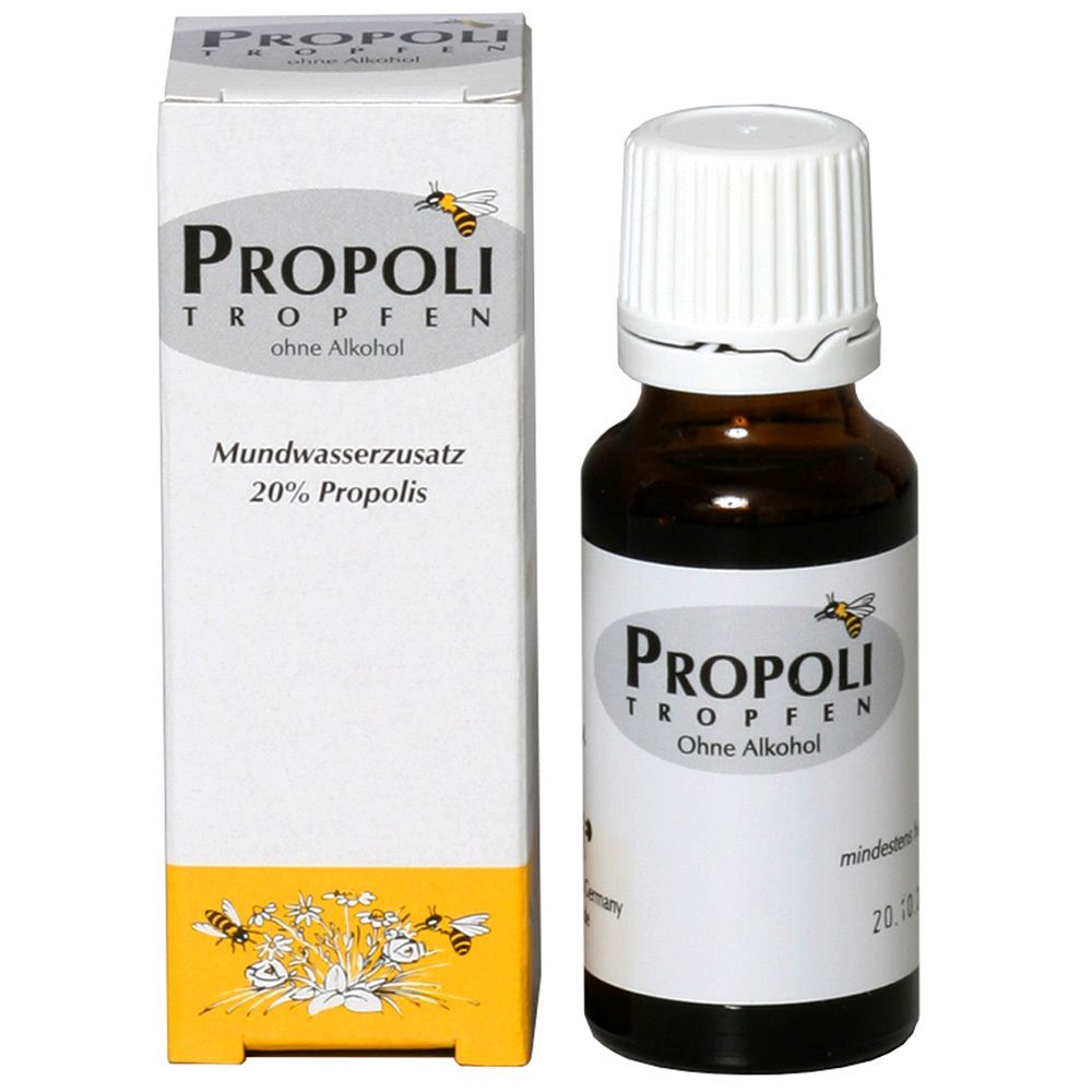 Propoli Tropfen ohne Alkohol, Mundwasserzusatz 20% Propolis in Braunglasflasche mit Tropfer.