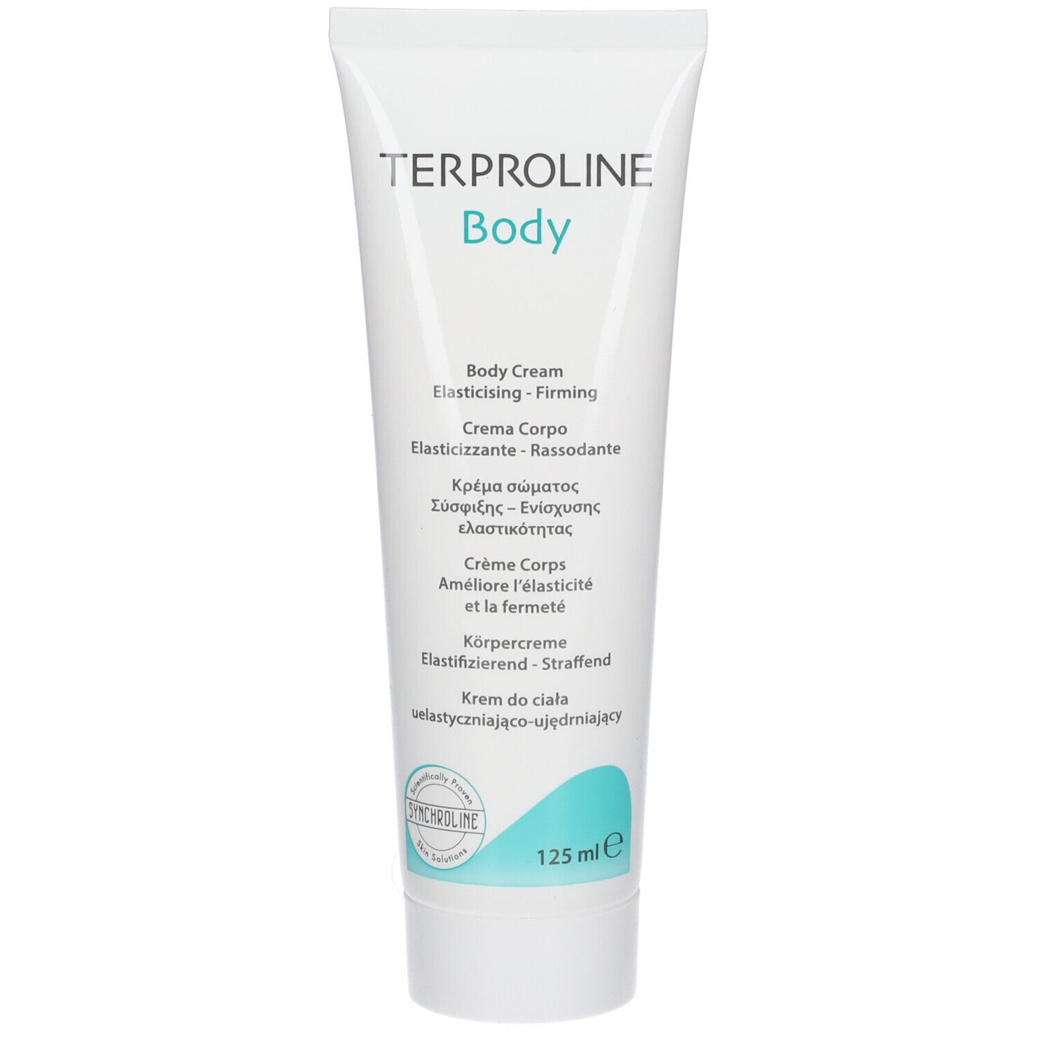 Tube blanc "TERPROLINE Body". Texte multilingue. 125 ml.
