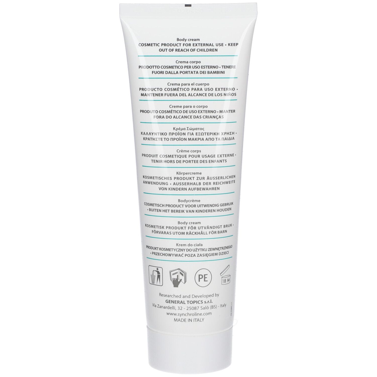 Dos du tube blanc. Texte multilingue. Mises en garde.