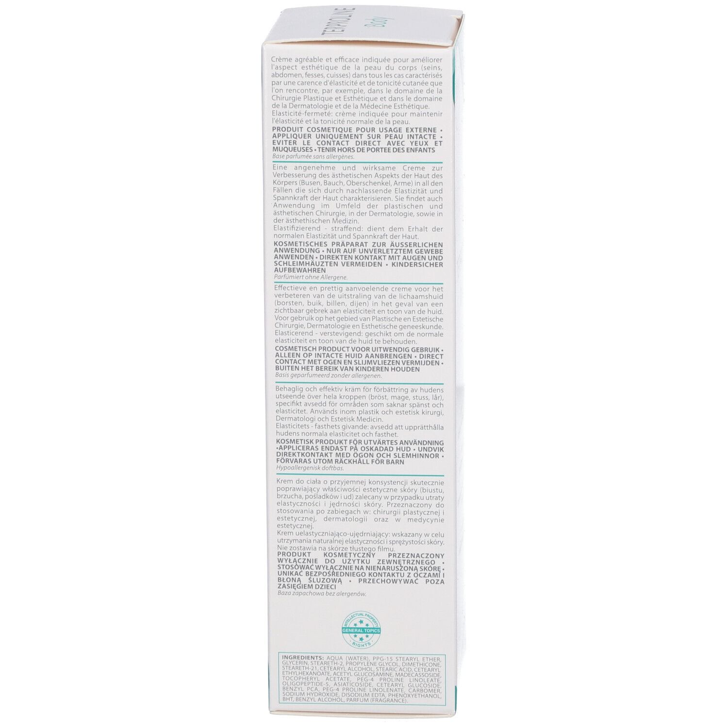 Emballage produit, côté. Texte multilingue. Mises en garde.