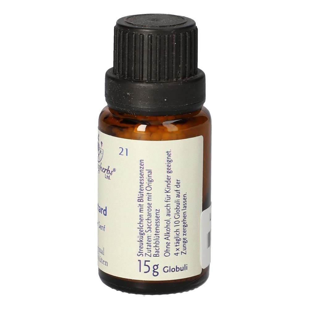 Flacon en verre brun avec bouchon noir. Étiquette avec informations produit et "15g Globuli". Marque: Healing Herbs.