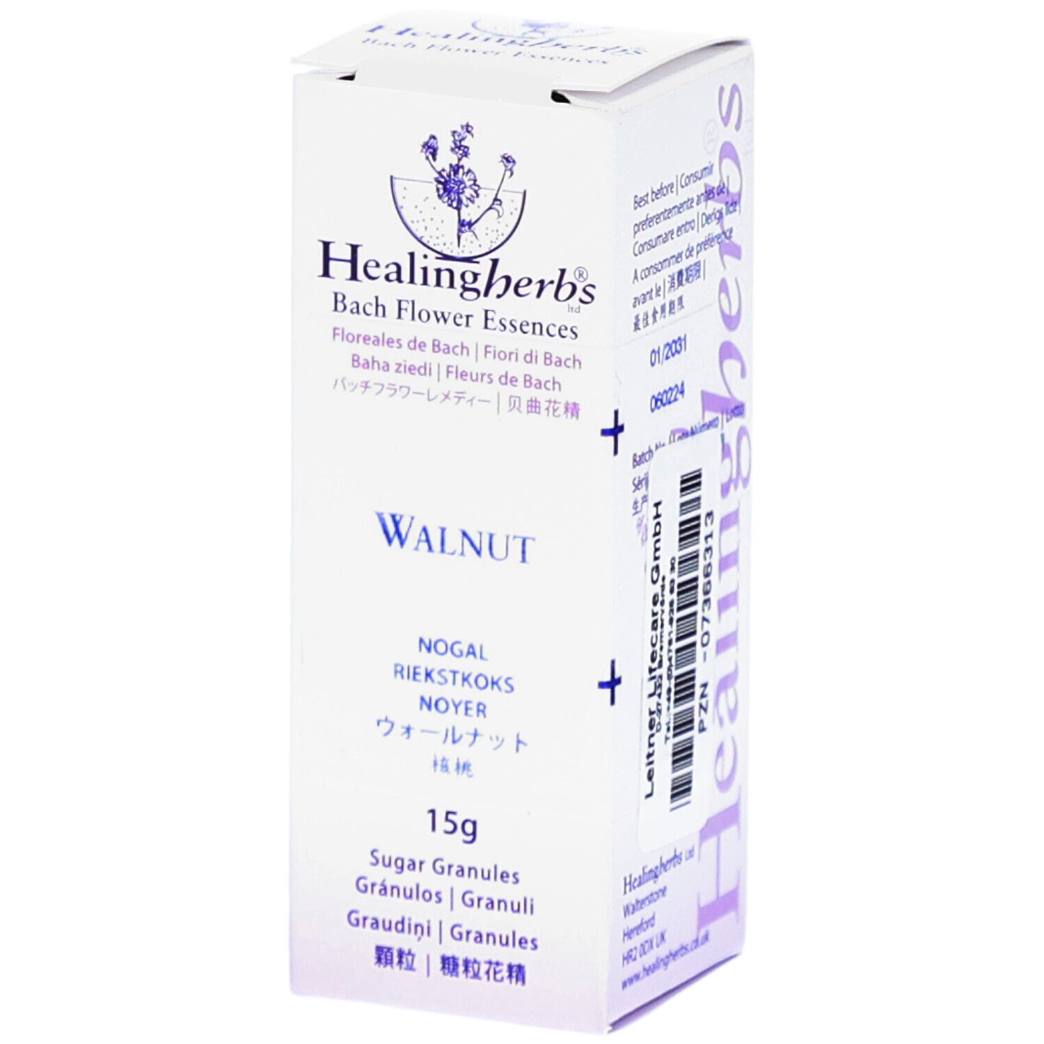 Kartonverpackung mit Produktinformationen. Aufschrift: Healingherbs Bach Flower Essences, Walnut, 15g Sugar Granules.