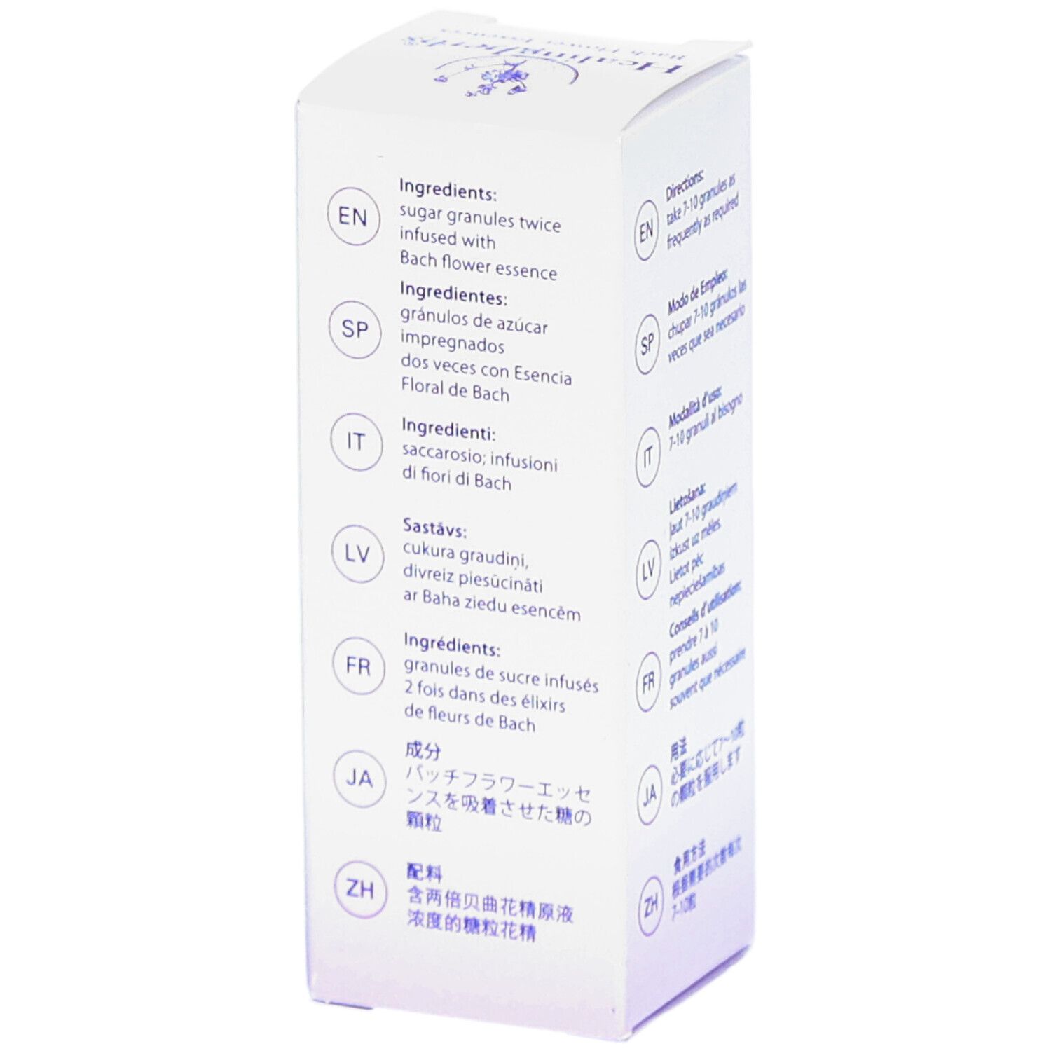 Kartonseite mit Inhaltsstoffen in verschiedenen Sprachen. Aufschrift: Ingredients, Ingredientes, Ingredienti, etc.