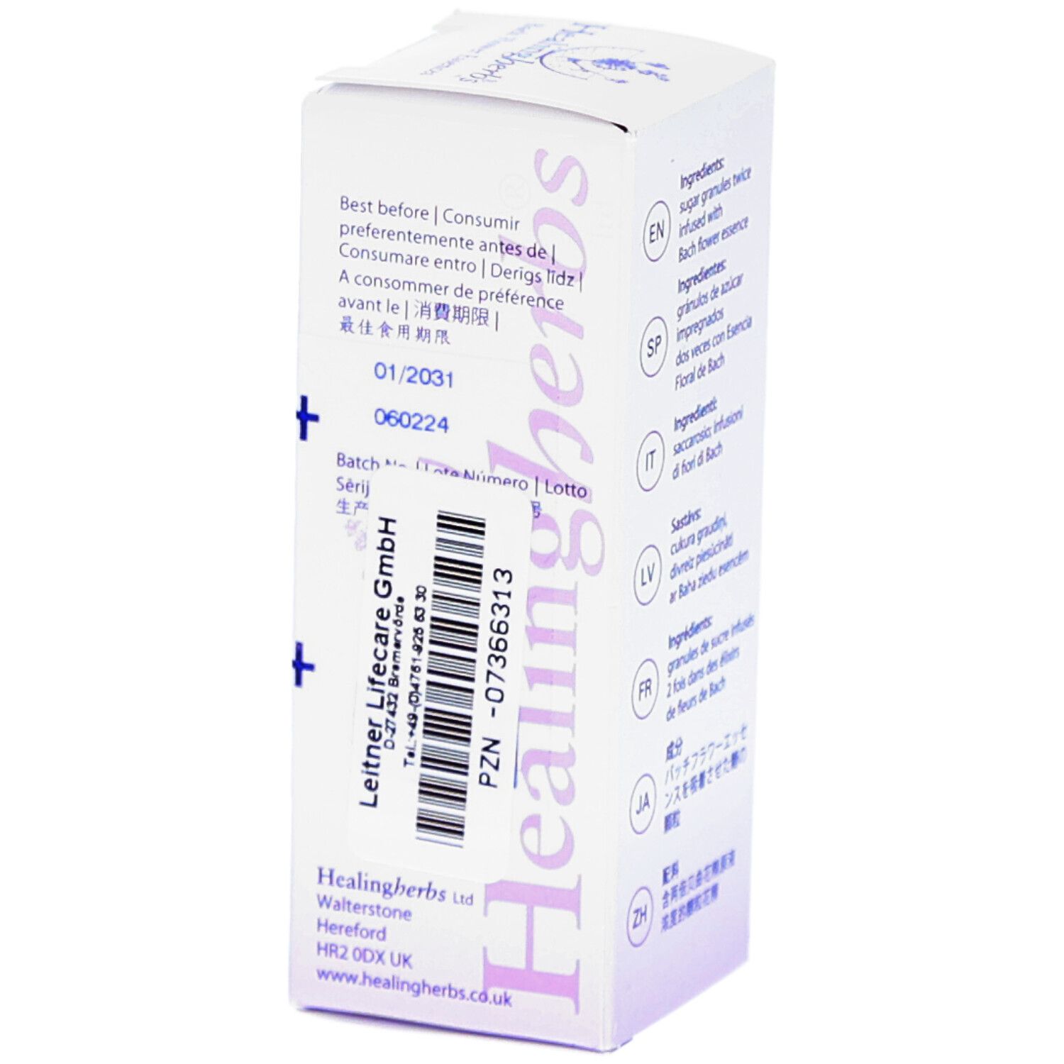 Kartonseite mit Haltbarkeitsdatum, Chargennummer und Herstellerinformationen. Aufschrift: Best before, Leitner Lifecare GmbH.