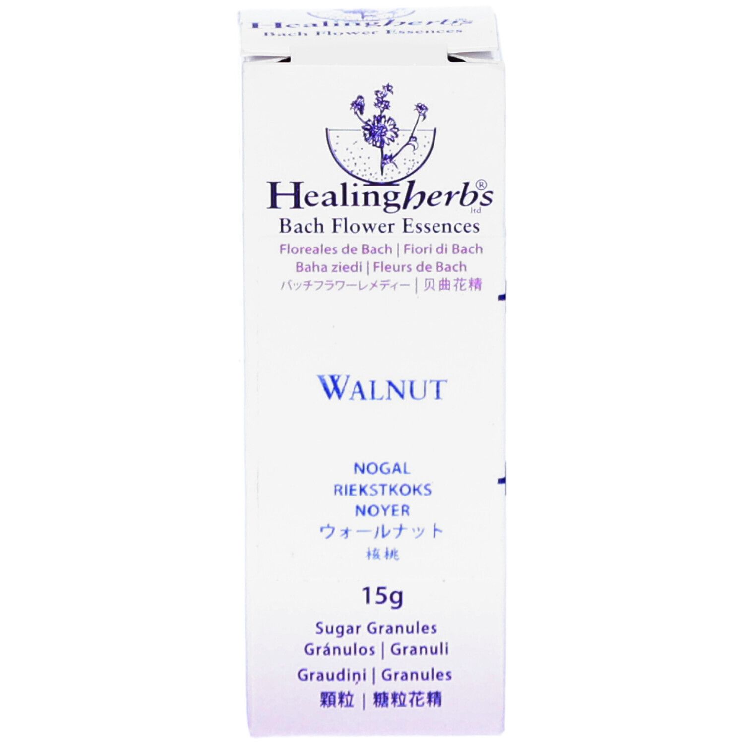 Kartonverpackung mit Produktinformationen. Aufschrift: Healingherbs Bach Flower Essences, Walnut, 15g Sugar Granules.