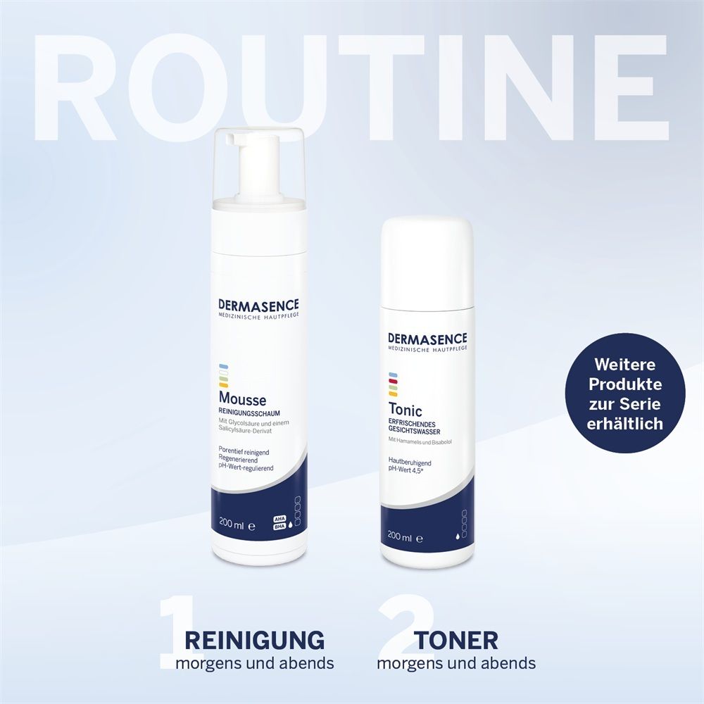 Zwei Dermasence Hautpflegeprodukte: Mousse Reinigungsschaum und Tonic Gesichtswasser, beide 200 ml.