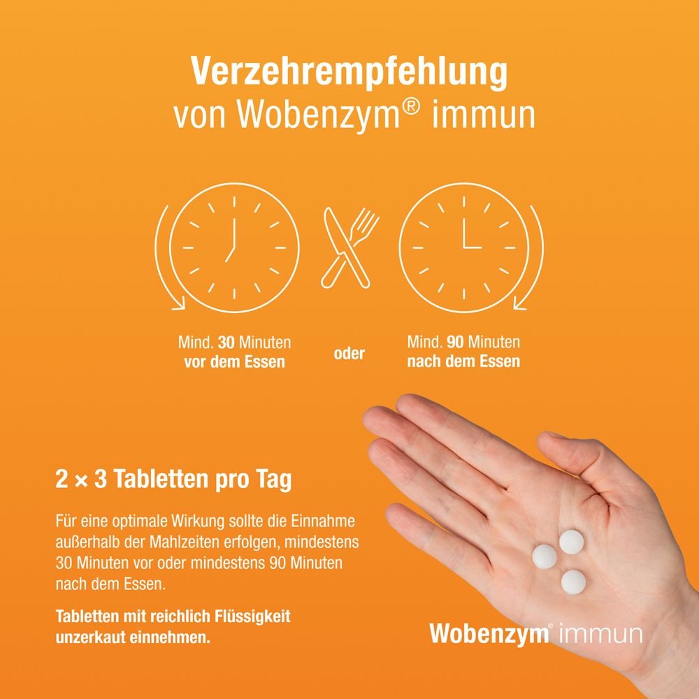 Hände mit Tabletten. Text: Verzehrempfehlung von Wobenzym® immun. 2x3 Tabletten pro Tag.
