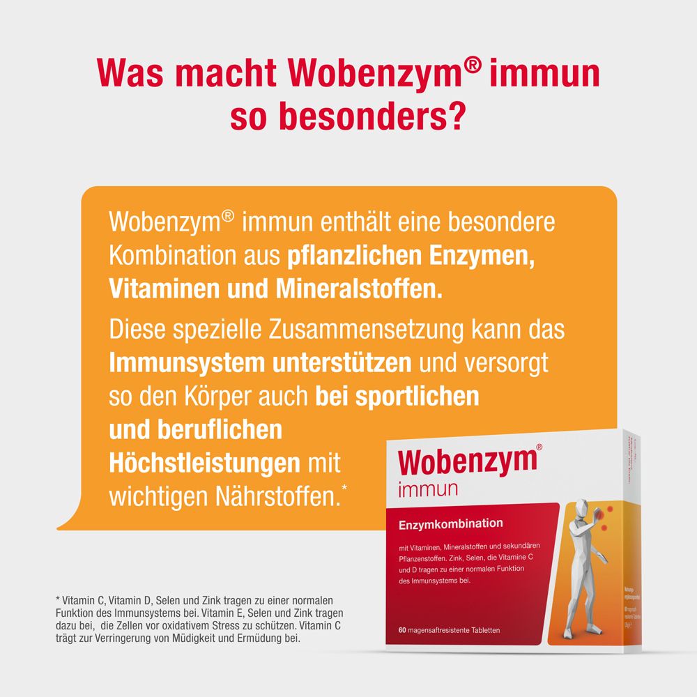 Wobenzym® immun. Weiße Schachtel mit roter Schrift. Text: Was macht Wobenzym® immun so besonders?