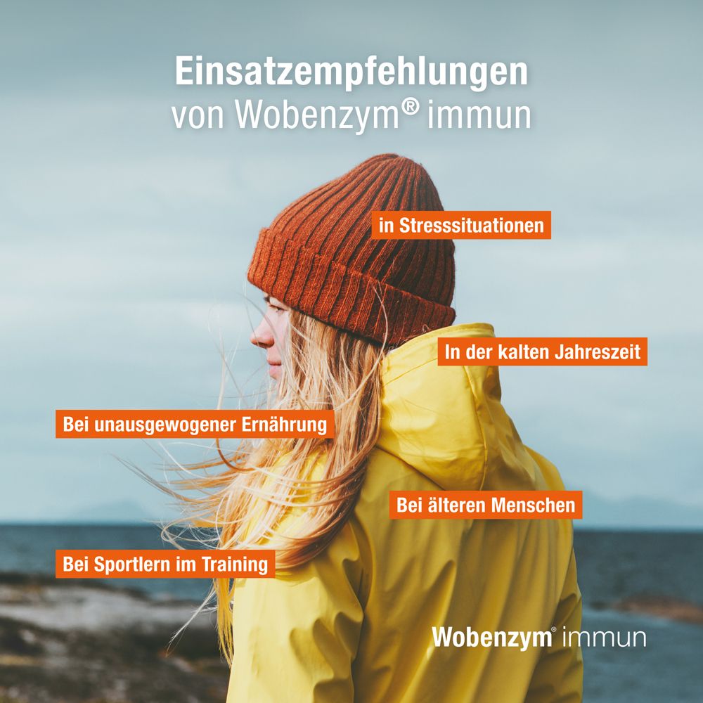 Femme avec un bonnet à l'extérieur. Texte : Recommandations d'utilisation de Wobenzym® immun. Situations de stress, hiver, alimentation.