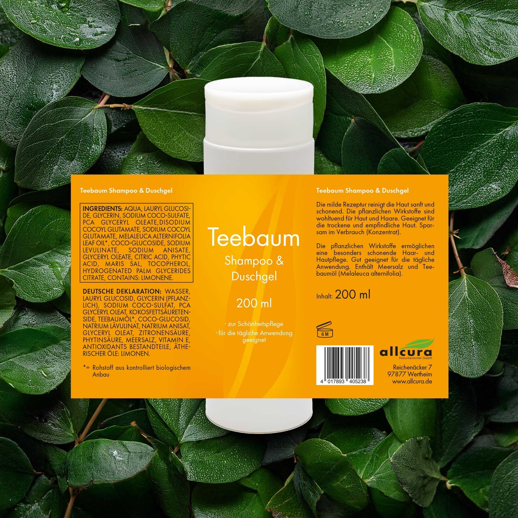 Flasche mit Etikett im Blattwerk. Aufschrift: Teebaum Shampoo & Duschgel, 200 ml. Inhaltsstoffe.