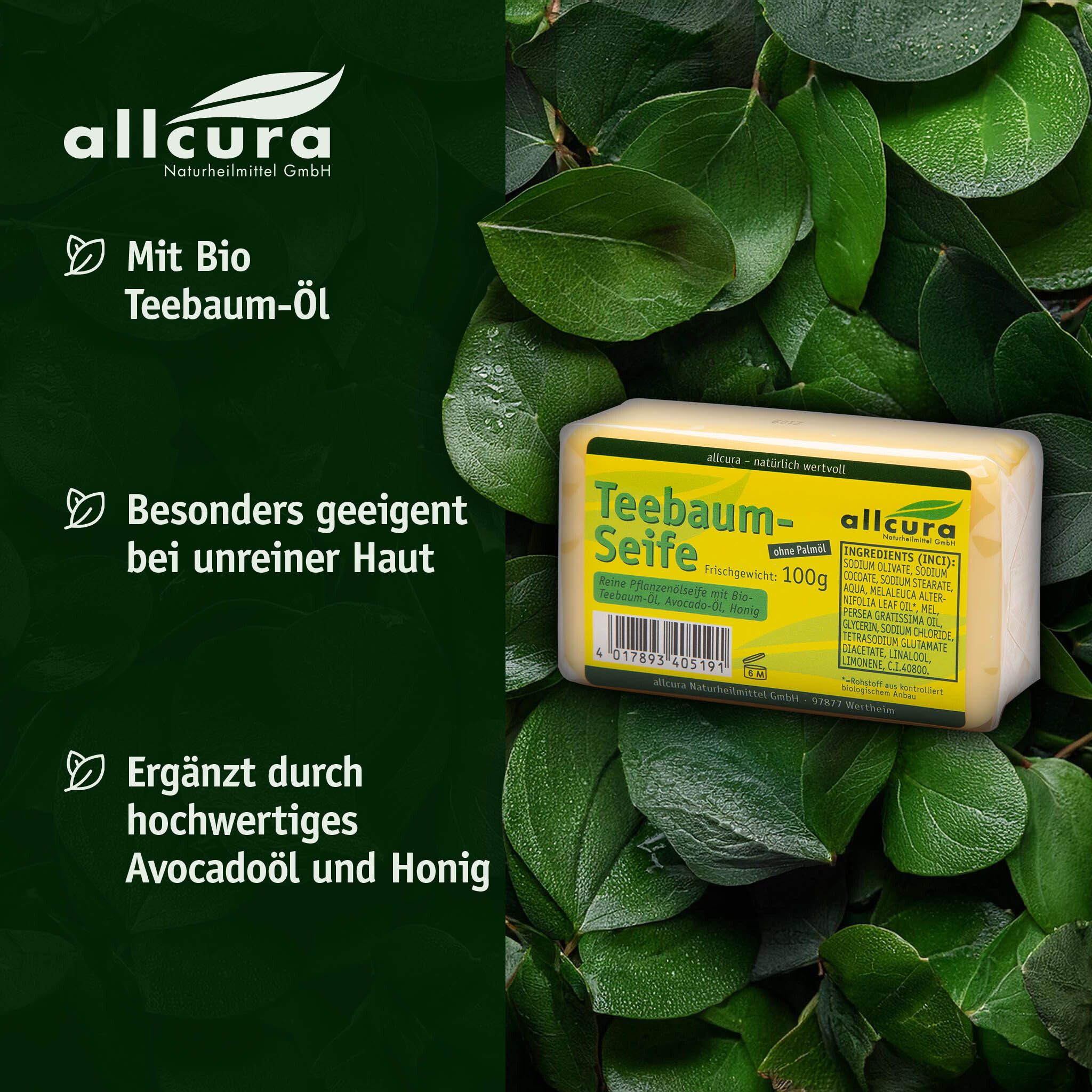 Savon jaune sur feuilles. Inscription: Teebaum-Seife, allcura. Texte: Avec huile de tea tree bio, convient aux peaux impures.