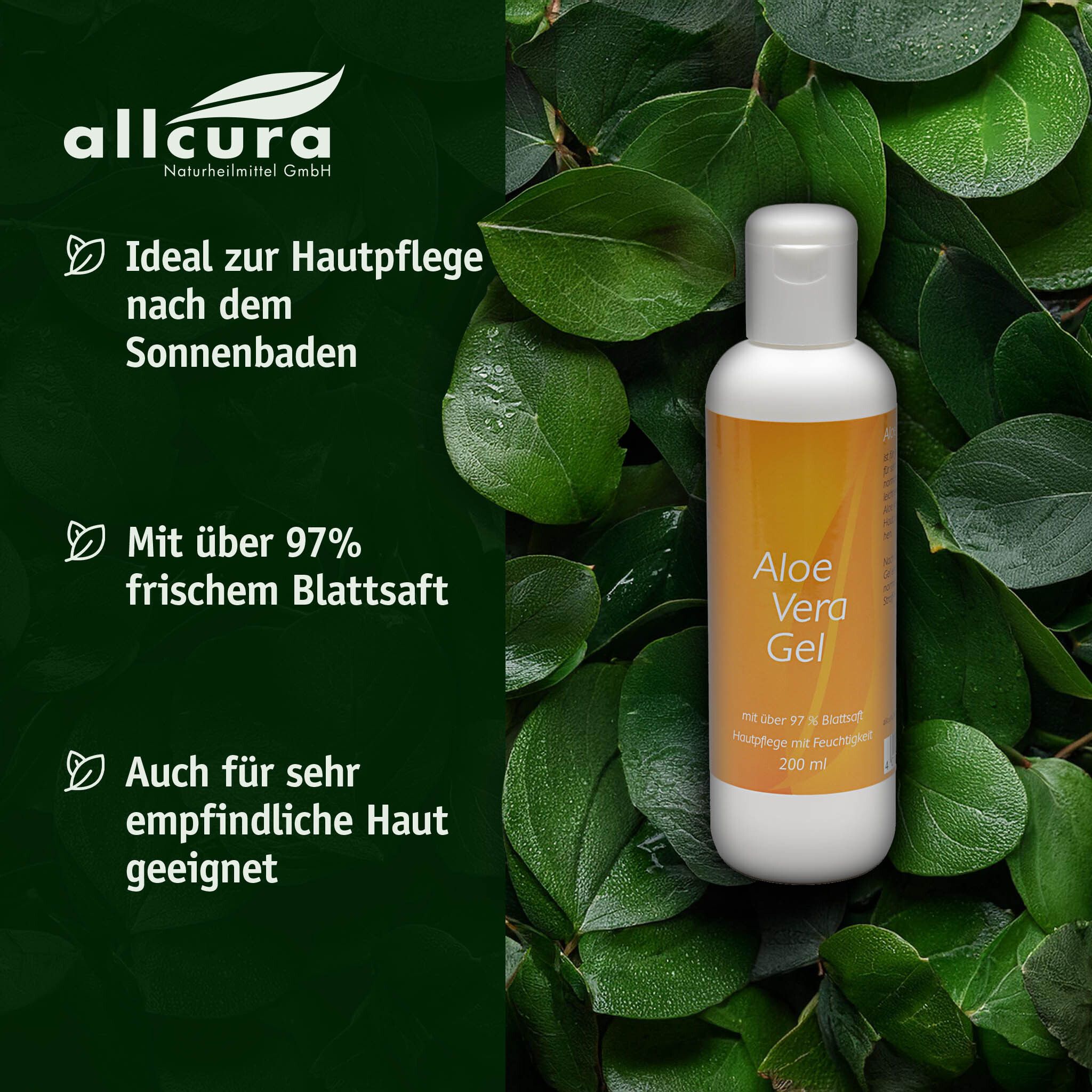 Aloe Vera Gel Flasche vor grünem Hintergrund. Text: Ideal zur Hautpflege nach dem Sonnenbaden. Mit über 97% frischem Blattsaft.