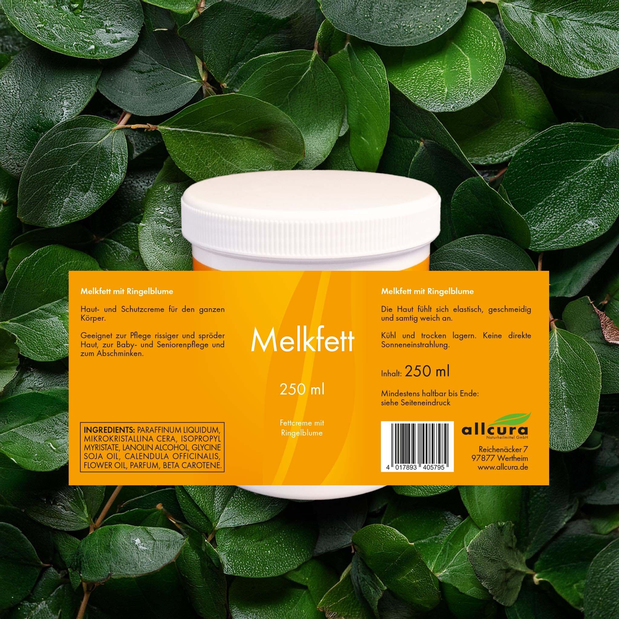Étiquette jaune sur pot blanc. Texte: Melkfett mit Ringelblume, 250 ml. Ingrédients. Marque: allcura.