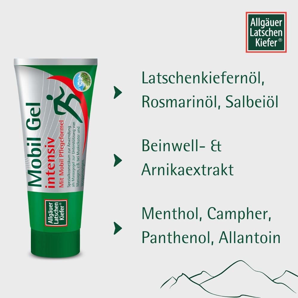 Inhaltsstoffe des Gels. Latschenkiefernöl, Rosmarinöl, Salbeiöl, Beinwell- & Arnikextrakt, Menthol, Campher, Panthenol, Allantoin.