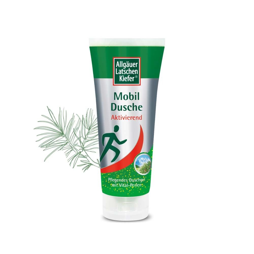 Tube vert et argenté. Inscription: Allgäuer Latschenkiefer Mobil Dusche. Activant. Illustration coureur. Branche de pin.