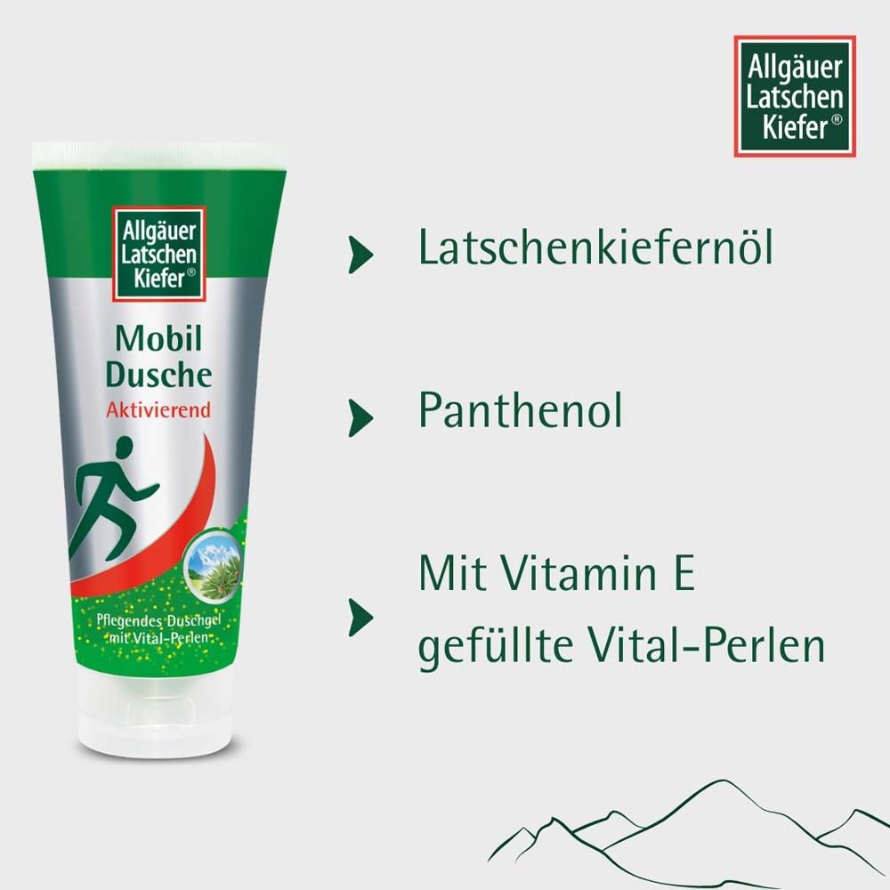 Tube de produit. Texte: Huile de pin de montagne, Panthénol, Perles vitales à la vitamine E. Logo.