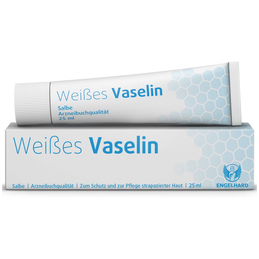 Weiße Tube und Schachtel mit weißem Vaselin. Blaue Schrift. Engelhard Logo. 25 ml. Salbe.