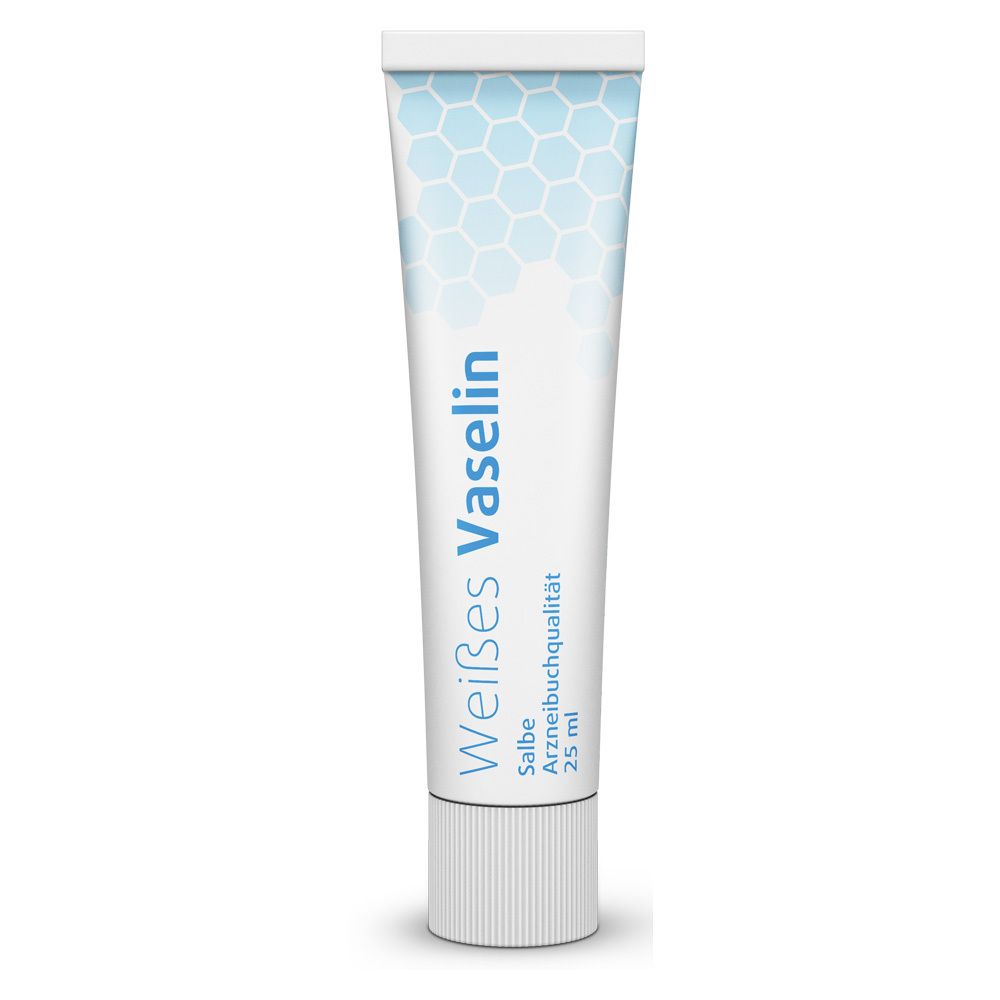 Weiße Tube mit weißem Vaselin. Blaue Schrift. 25 ml. Salbe. Arzneimittelqualität. Weißer Deckel.