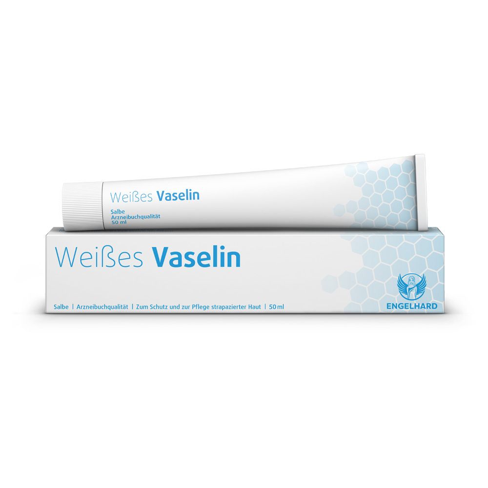Tube et boîte blancs avec « Weißes Vaselin ». Marque Engelhard. Pommade. Qualité pharmaceutique.