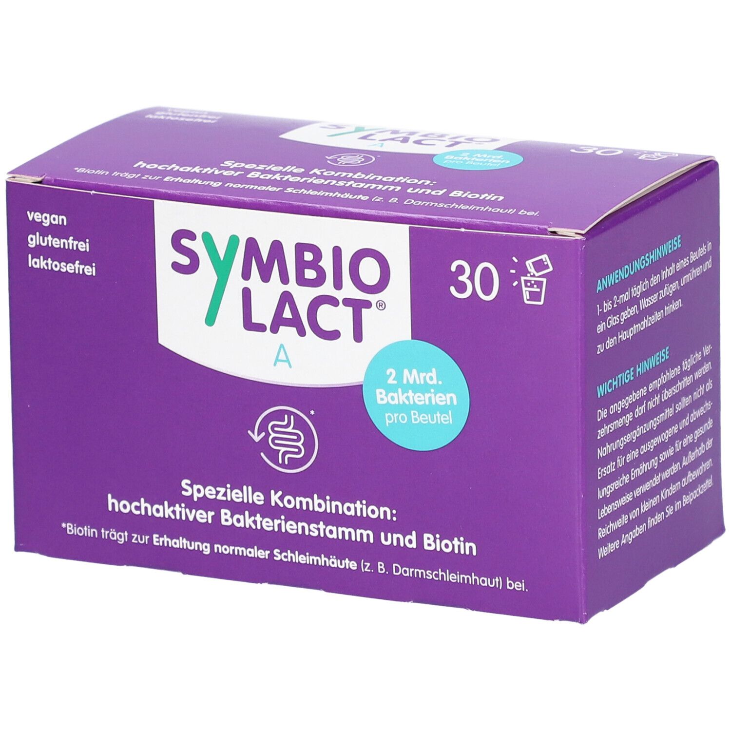 Boîte violette avec logo "SymbioLact A", 30 sachets, vegan, sans gluten, sans lactose. Contient 2 milliards de bactéries par sachet.