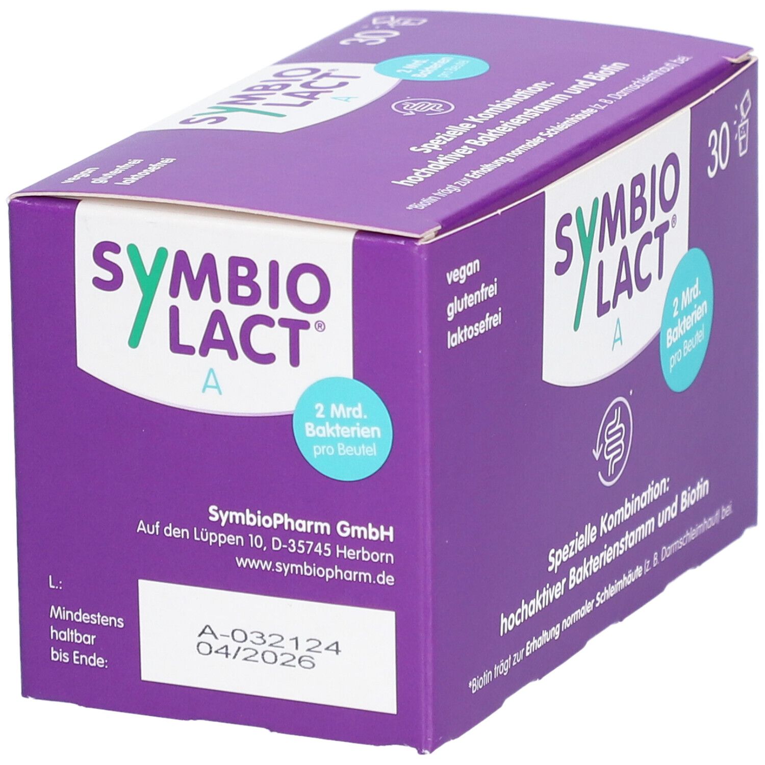 Boîte violette avec logo "SymbioLact A", 30 sachets. Contient 2 milliards de bactéries par sachet. A consommer de préférence avant fin 04/2026.
