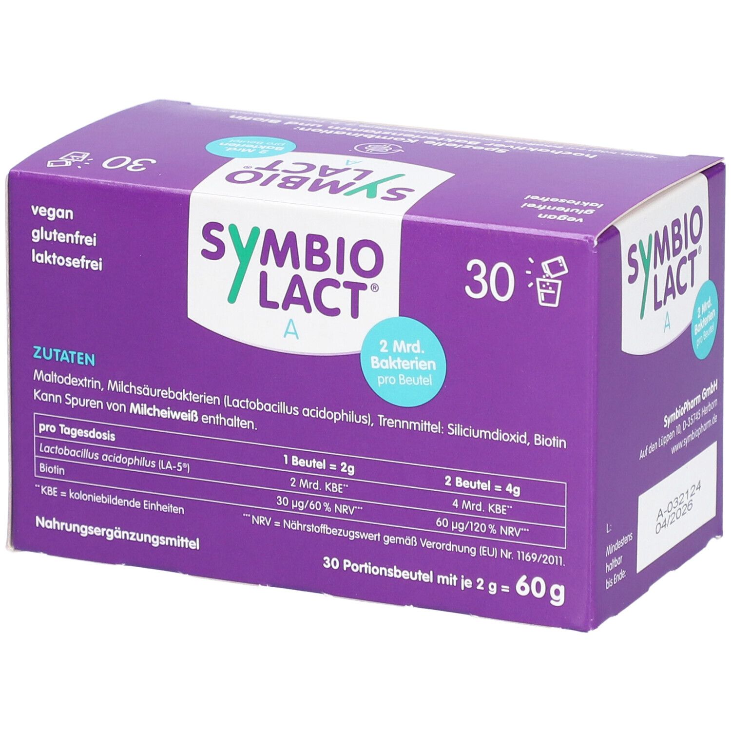 Boîte violette avec logo "SymbioLact A", 30 sachets. Liste des ingrédients et informations nutritionnelles. Contient 2 milliards de bactéries par sachet.