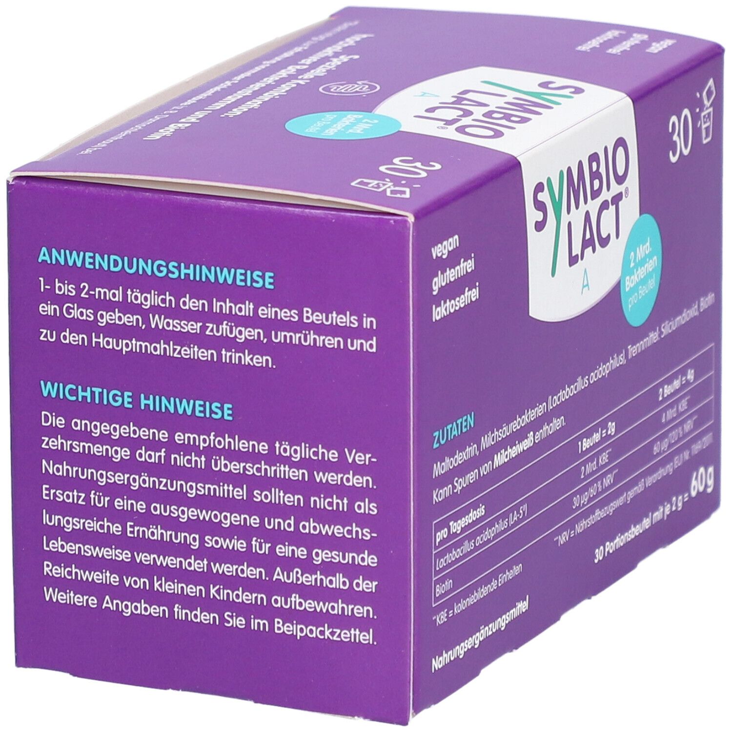 Boîte violette avec logo "SymbioLact A", 30 sachets. Conseils d'utilisation et informations importantes. Contient 2 milliards de bactéries par sachet.