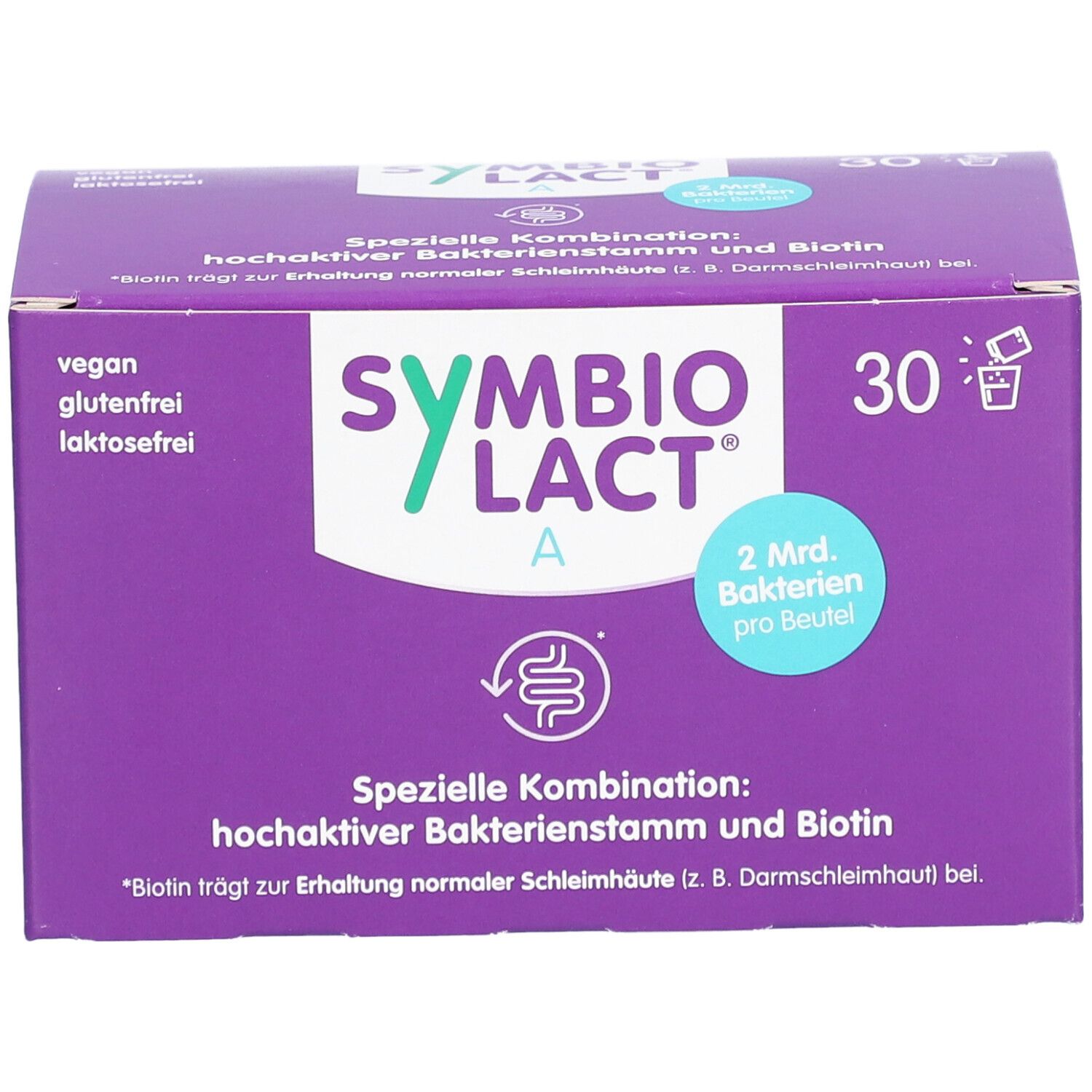 Boîte violette avec logo "SymbioLact A", 30 sachets, vegan, sans gluten, sans lactose. Contient 2 milliards de bactéries par sachet.