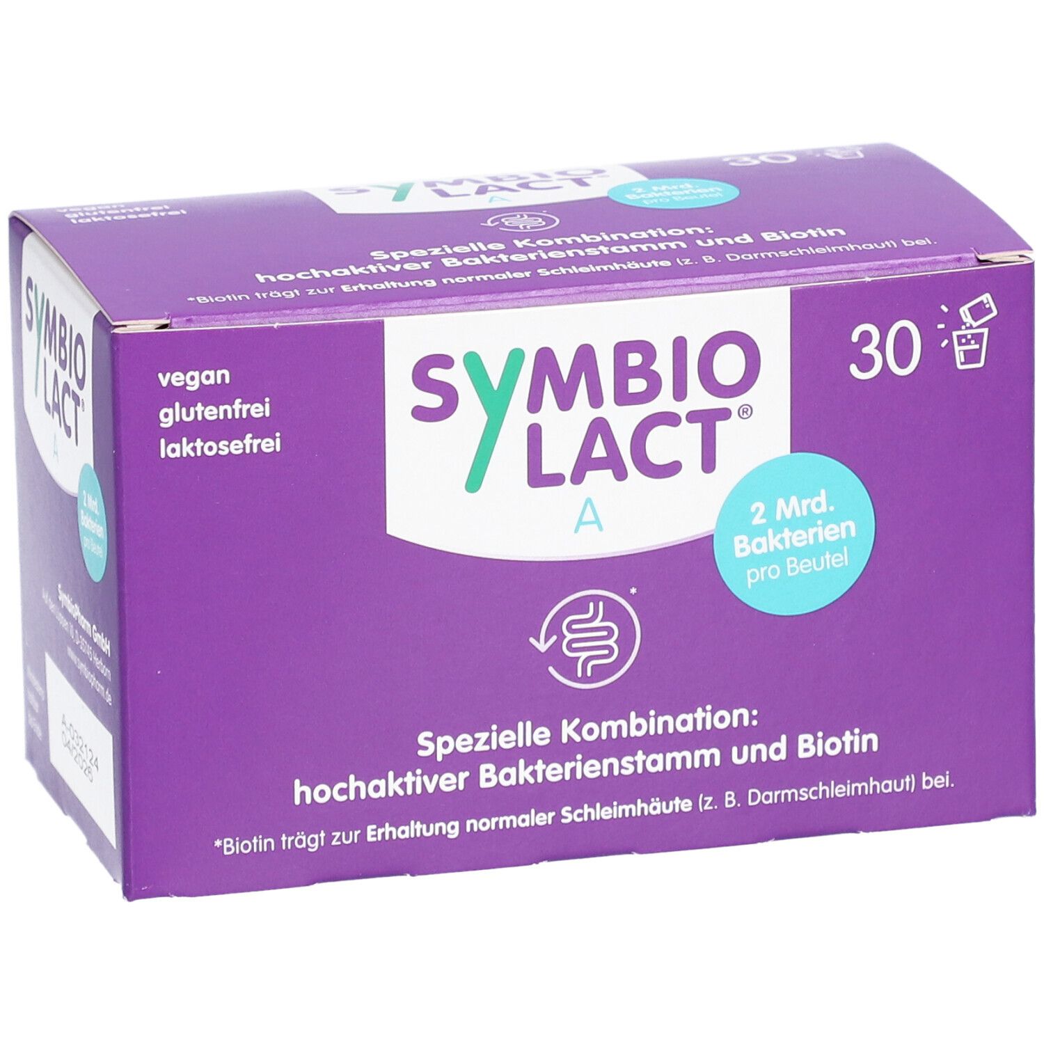 Boîte violette avec logo "SymbioLact A", 30 sachets, vegan, sans gluten, sans lactose. Contient 2 milliards de bactéries par sachet.