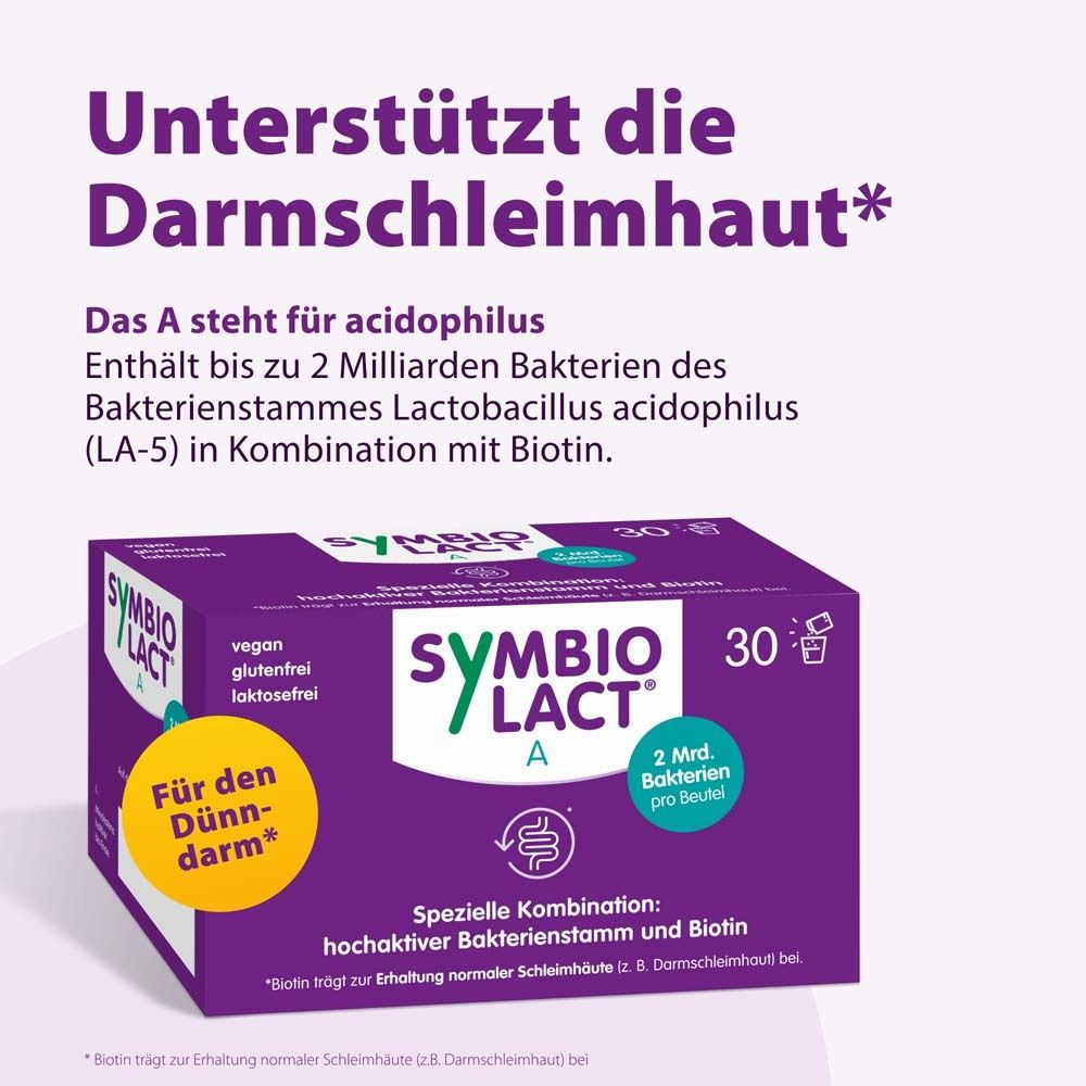 Lila Schachtel SymbioLact A. Text: Unterstützt die Darmschleimhaut*. 30 Beutel. Vegan, glutenfrei, laktosefrei.