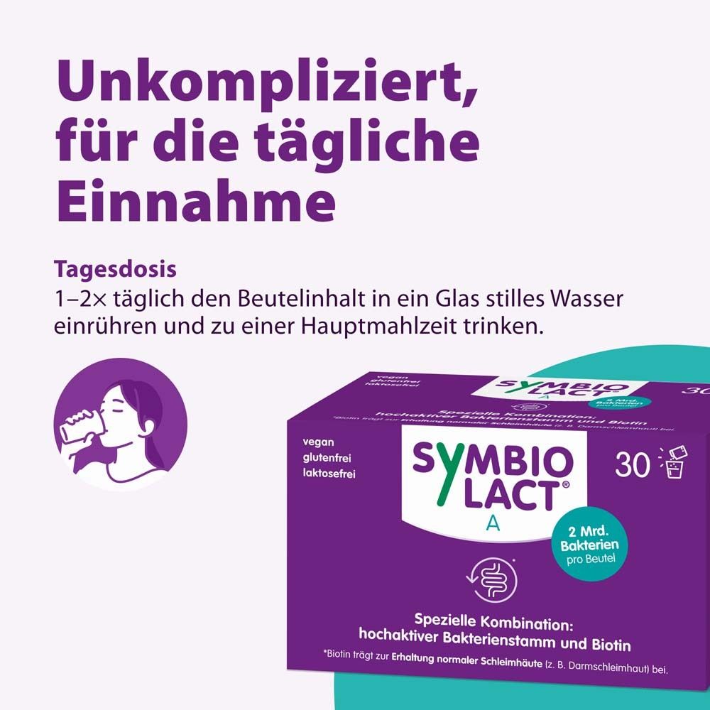 Schachtel SymbioLact A. Text: Unkompliziert, für die tägliche Einnahme. 30 Beutel. Person trinkt Wasser.