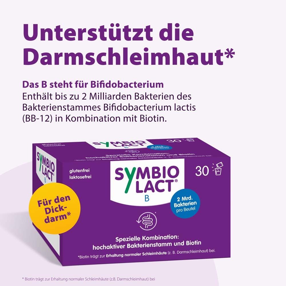 Lila Hintergrund mit Text und SymbioLact B Schachtel. Text: Unterstützt die Darmschleimhaut. 30 Beutel. Glutenfrei, laktosefrei.