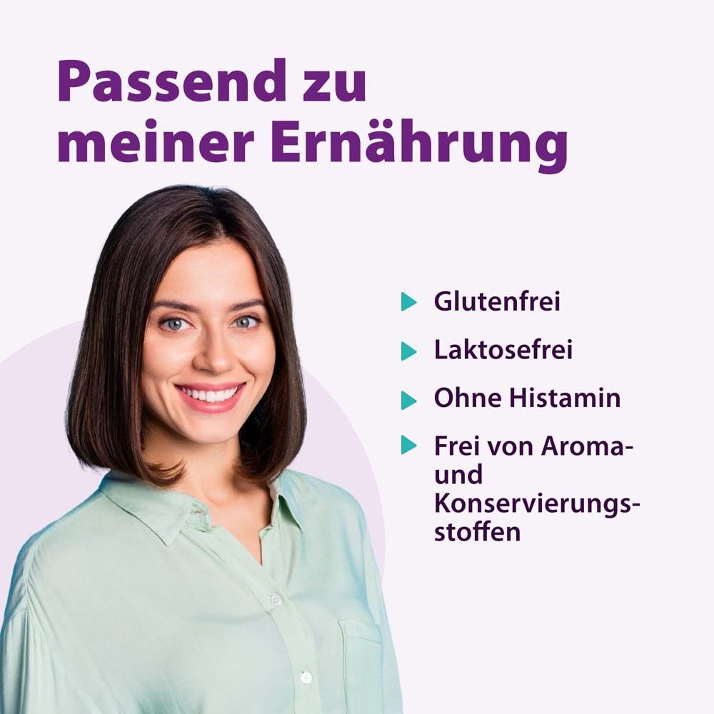 Frau lächelt. Hintergrund: Lila mit Text. Text: Passend zu meiner Ernährung. Glutenfrei, laktosefrei, ohne Histamin.