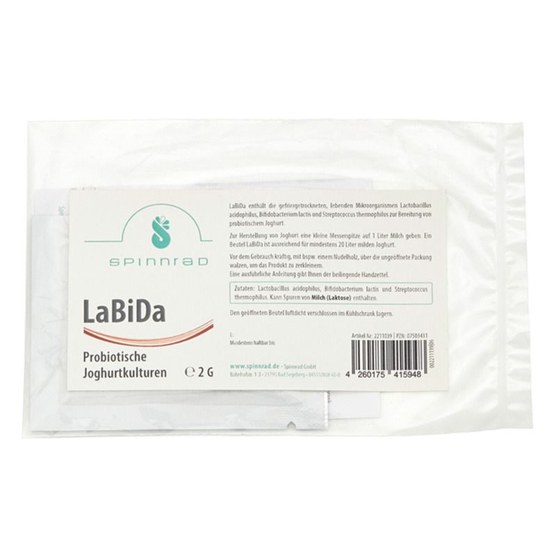 Verpackung mit Spinnrad® LaBiDa, probiotische Joghurtkulturen. Enthält 2g. In transparentem Beutel verpackt. Text auf Deutsch.
