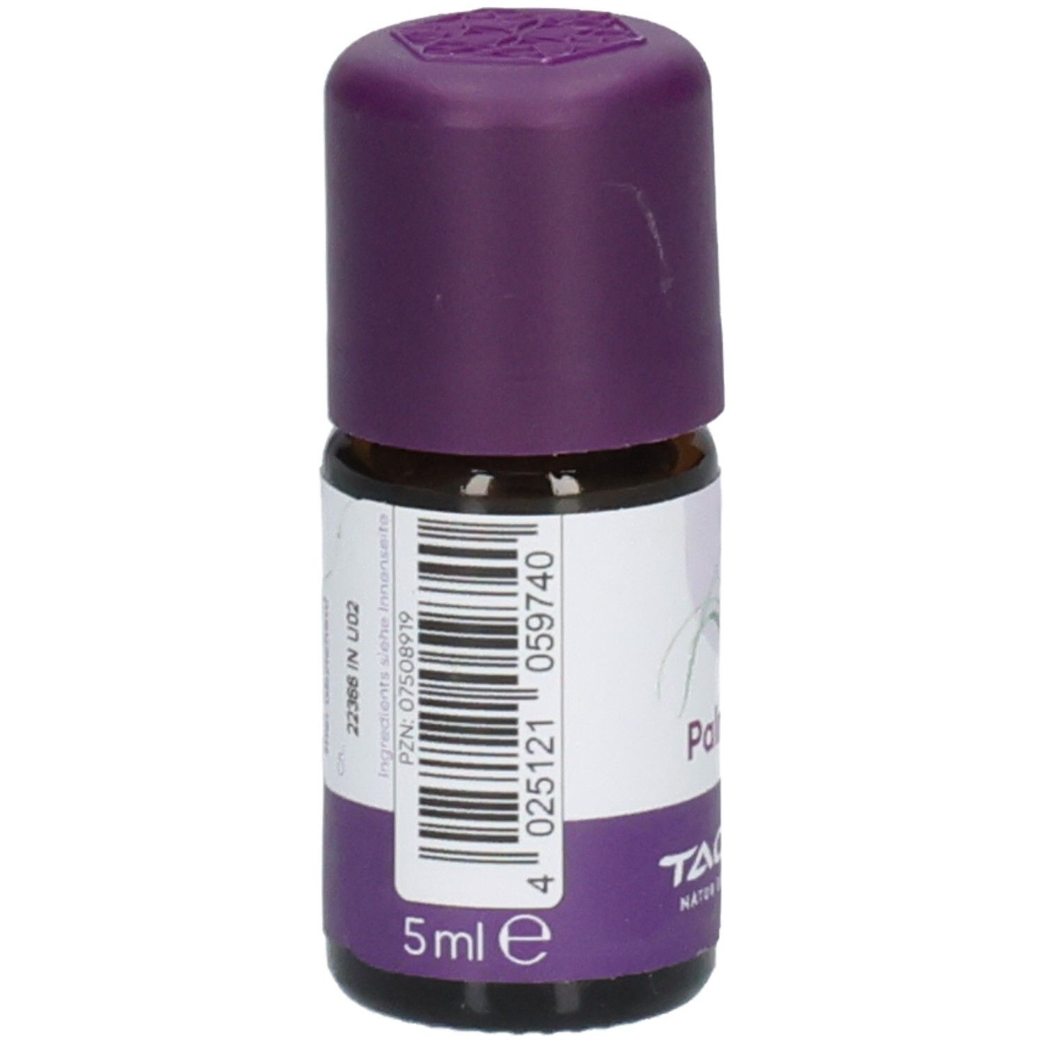 Flacon en verre brun avec bouchon violet. Étiquette avec code-barres et indication 5 ml. Marque TAOASIS.
