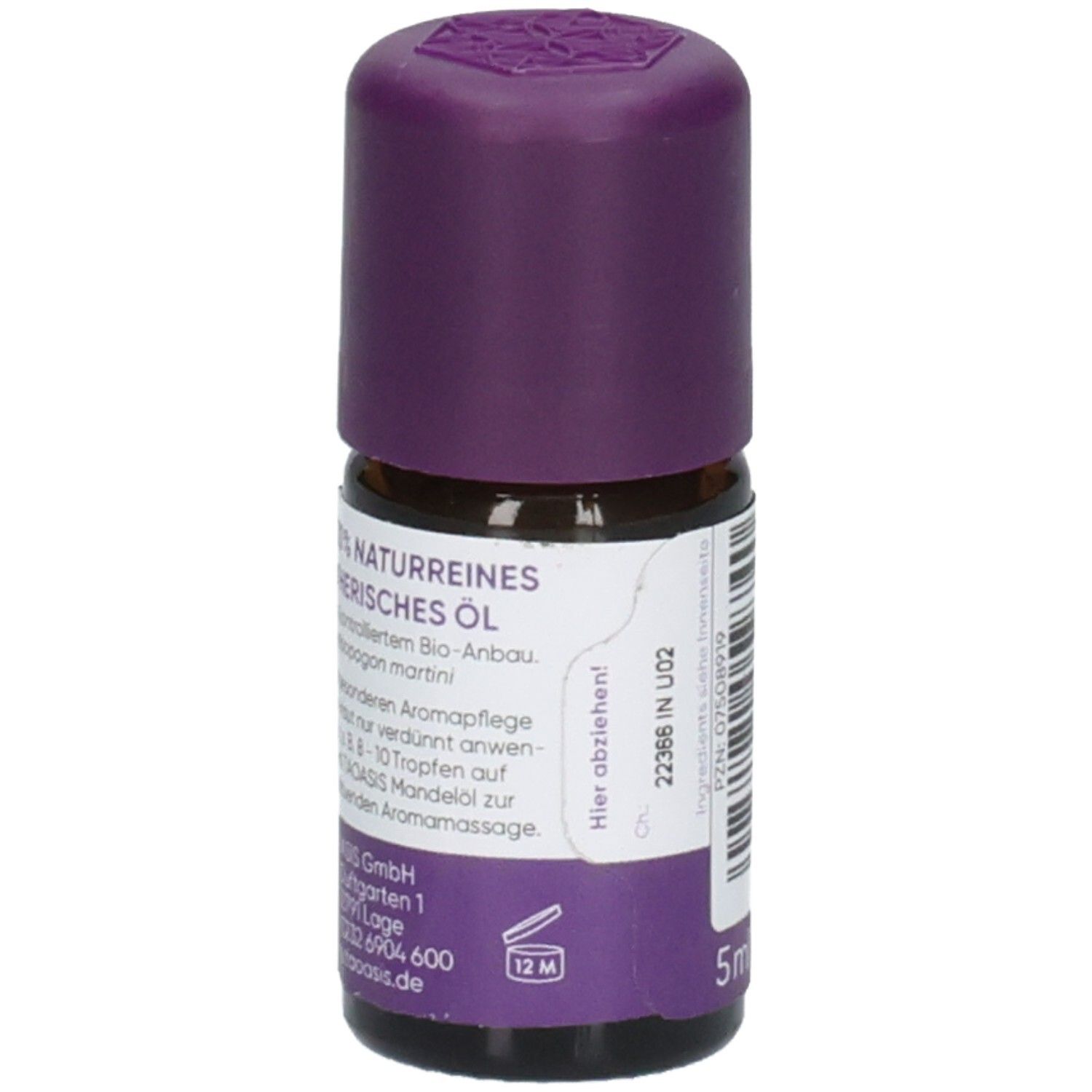 Flacon en verre brun avec bouchon violet. Étiquette avec texte sur l'huile essentielle et indication 5 ml. Marque TAOASIS.