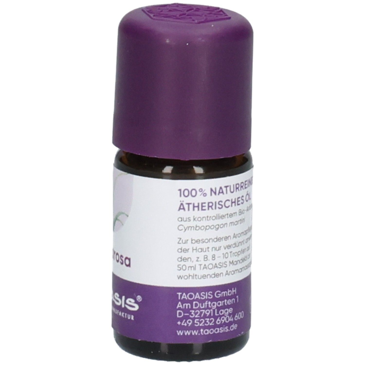 Flacon en verre brun avec bouchon violet. Étiquette avec texte sur l'huile essentielle. Marque TAOASIS.