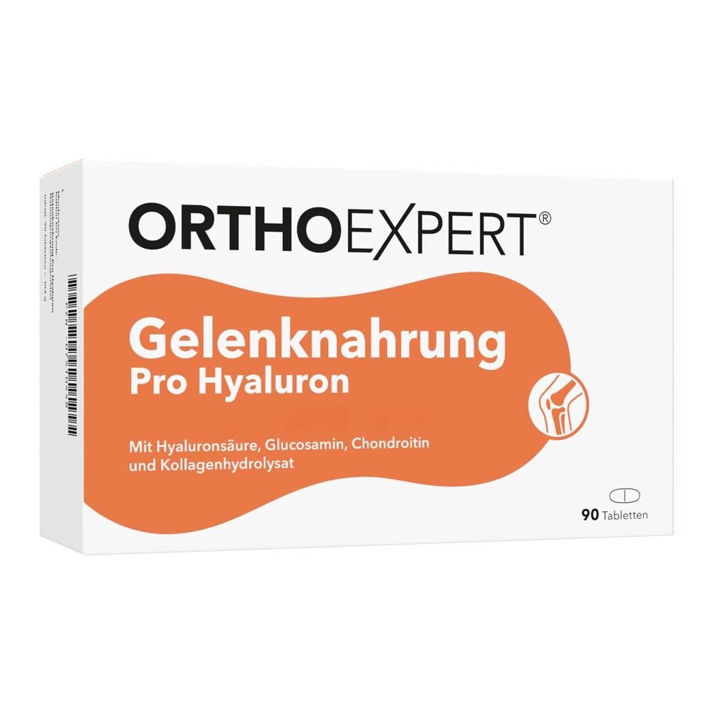 Weißer Karton mit orangefarbener Fläche. Enthält Tabletten. Aufdruck: ORTHOEXPERT, Gelenknahrung Pro Hyaluron, 90 Tabletten. Seitenansicht.