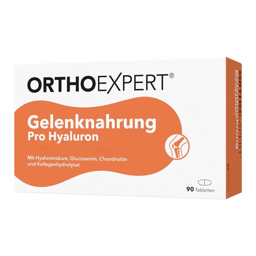 Weißer Karton mit orangefarbener Fläche. Enthält Tabletten. Aufdruck: ORTHOEXPERT, Gelenknahrung Pro Hyaluron, 90 Tabletten. Seitenansicht.