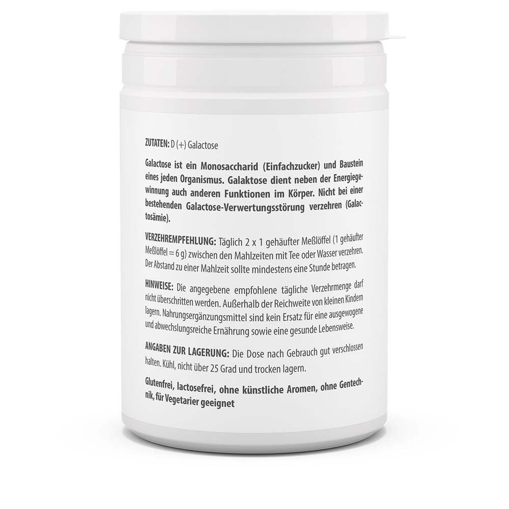 Rückseite des weißen Produktglases. Text: Zutaten: D (+) Galactose. Verzehrempfehlung. Hinweise. Angaben zur Lagerung.