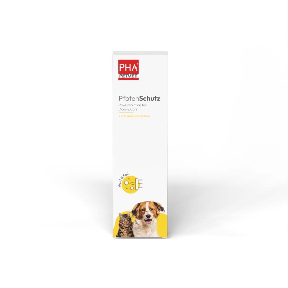 Emballage blanc avec nom du produit et logo. Image d'un chien et d'un chat. Texte : PfotenSchutz.