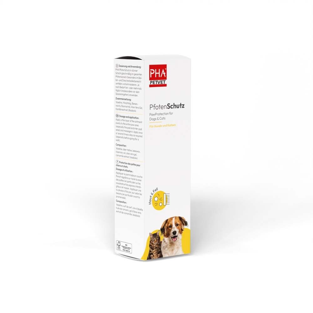 Emballage blanc avec informations sur le produit et logo. Image d'un chien et d'un chat. Texte : PfotenSchutz.