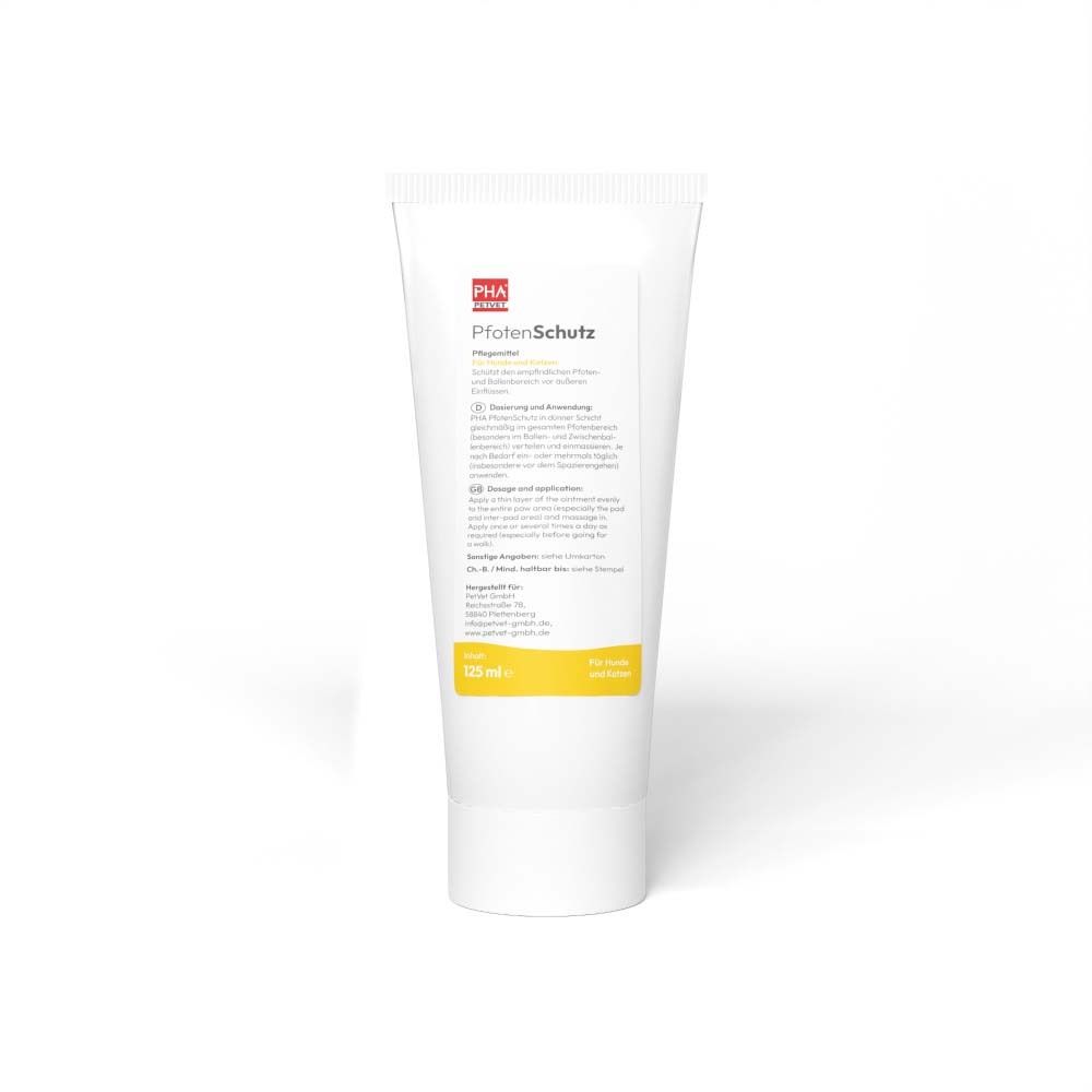 Tube blanc avec nom du produit et logo. Bande jaune avec texte. Texte : PfotenSchutz.