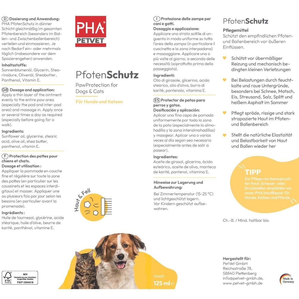 Emballage du produit avec texte et illustrations. Texte : PfotenSchutz, PawProtection for Dogs & Cats. 125 ml.