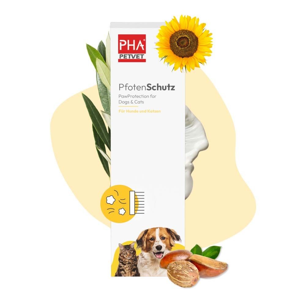 Emballage du produit avec tournesol, branche d'olivier et noix. Texte : PfotenSchutz, PawProtection for Dogs & Cats.