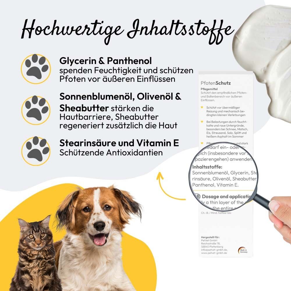 Emballage du produit avec ingrédients et icônes. Image d'un chien et d'un chat. Texte : PfotenSchutz.