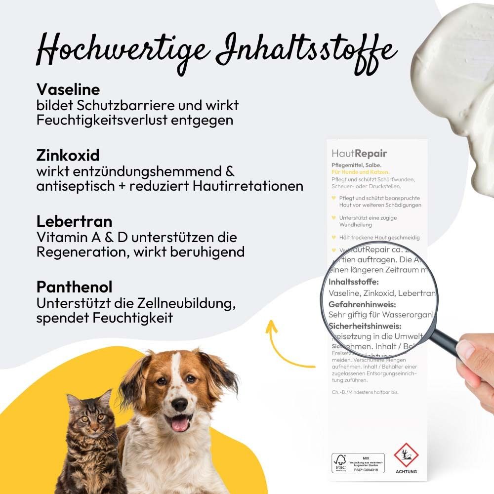 Weiße Tube mit Produktname HautRepair. Abbildung von Hund und Katze. Text: SkinRepair für Hunde & Katzen. Logo PHA PETVET.