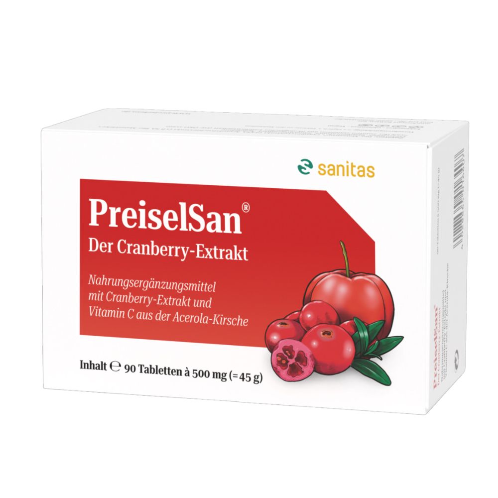 PREISELSAN® Extrait de Canneberge. Complément alimentaire avec extrait de canneberge et vitamine C d'acérola. Contenu 90 comprimés à 500 mg.