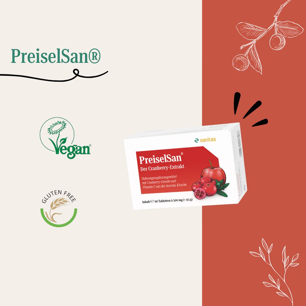 PREISELSAN® Emballage avec sceaux Vegan et Sans Gluten. Contient 90 comprimés à 500 mg.