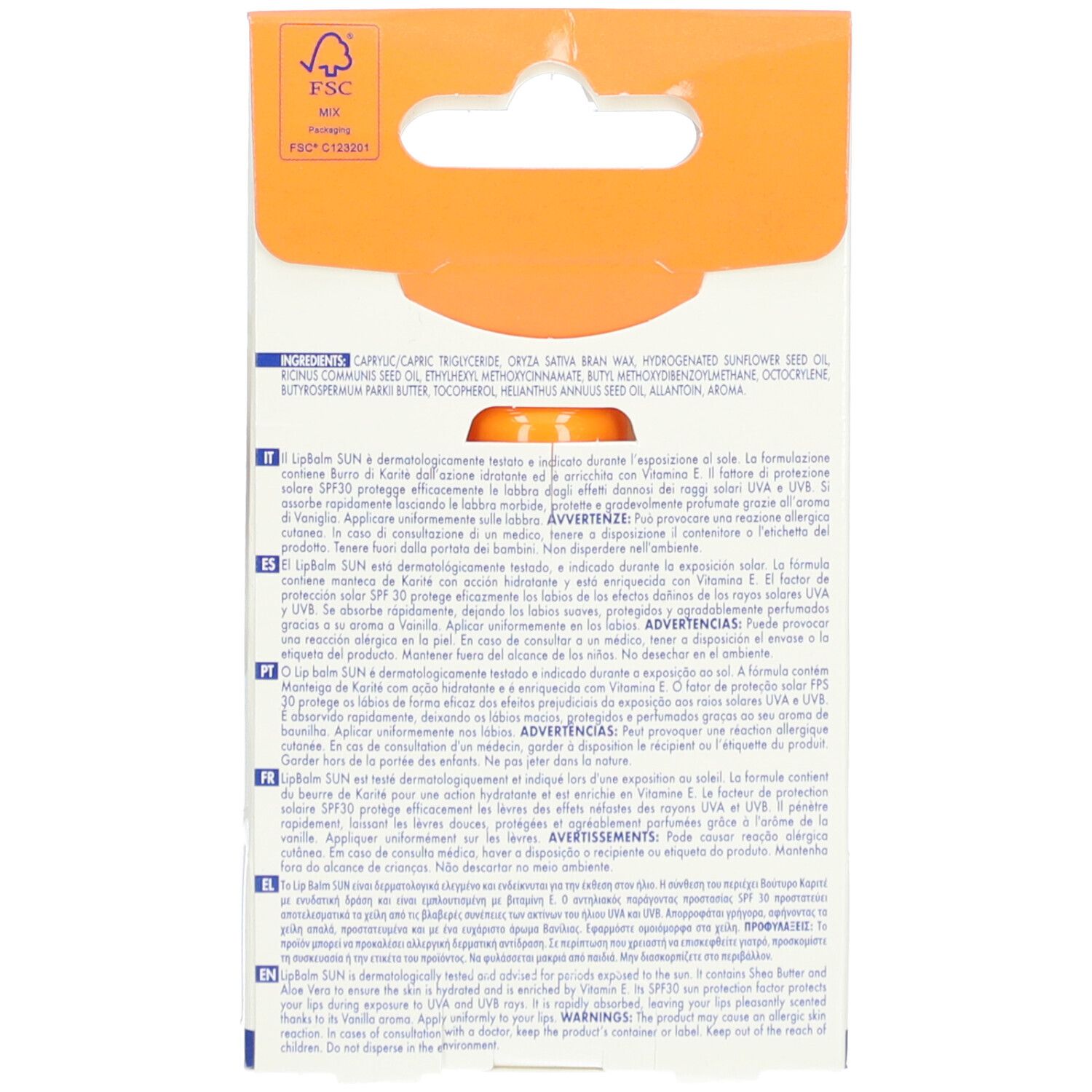 Dos de l'emballage du Labello® Sun Protect LSF 30. Texte: ingrédients, mode d'emploi.